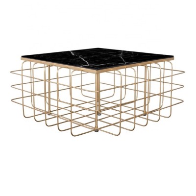 Square design custom cut marble coffee table top rectangle black marble coffee table with solid metal table legs